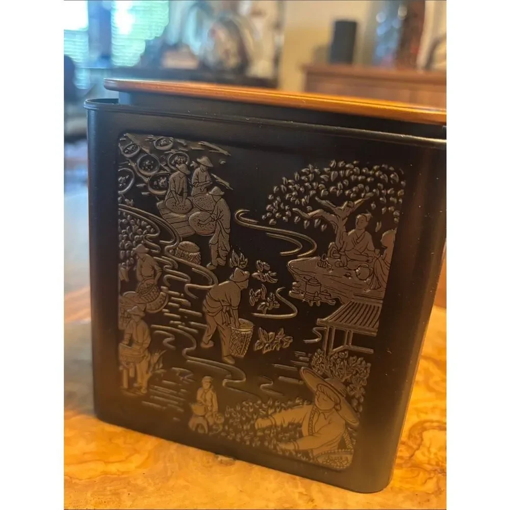 Black Decorative Asian-Inspired Tea Tin with Embossed Scene